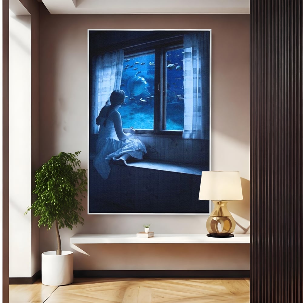 Tablou canvas cu tablou canvas cu fata privind in acvariu, in rama de aluminiu argintiu
